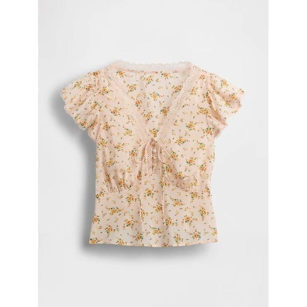GAP Women's Lace-Trim Floral V-Neck Flutter Sleeve Top - Peach #777300 - Sz XS